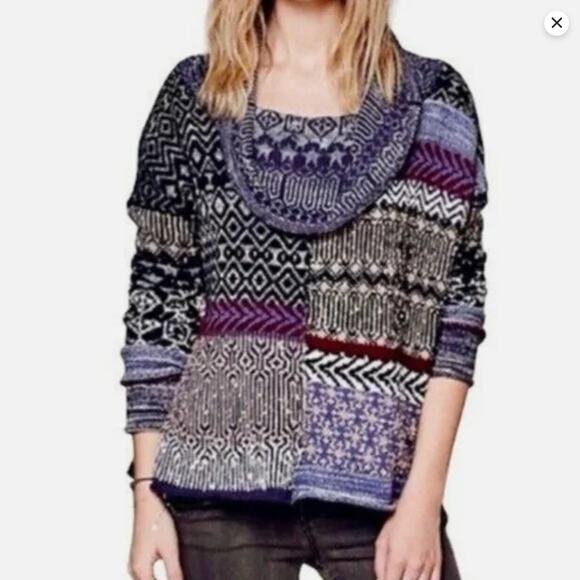 Free People Patchwork Cowl Neck Sweater M | Oversized Fair Isle Boho Knit Grunge - Picture 12 of 15